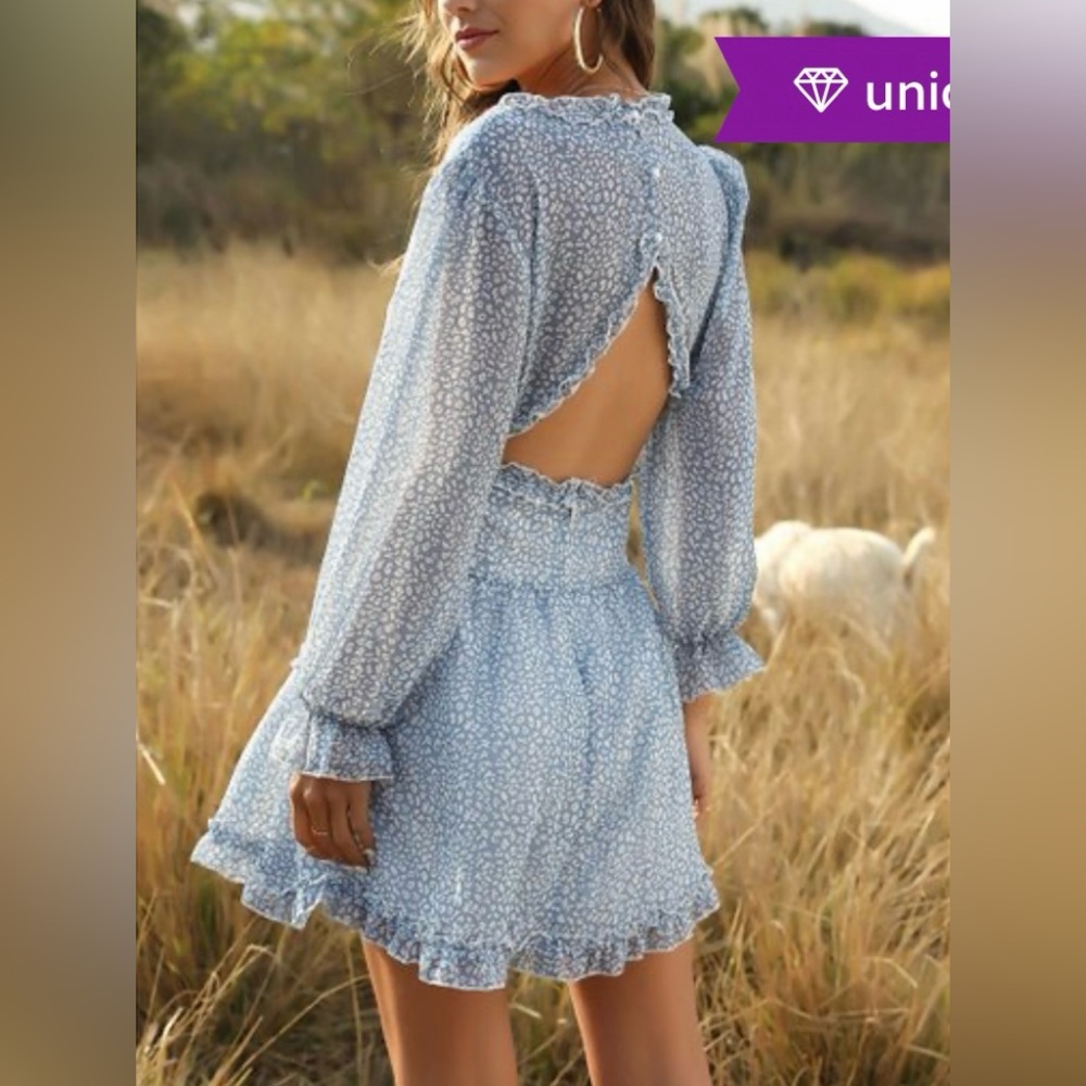 Blue Ruffle V-Neck Dress - Picture 3 of 9